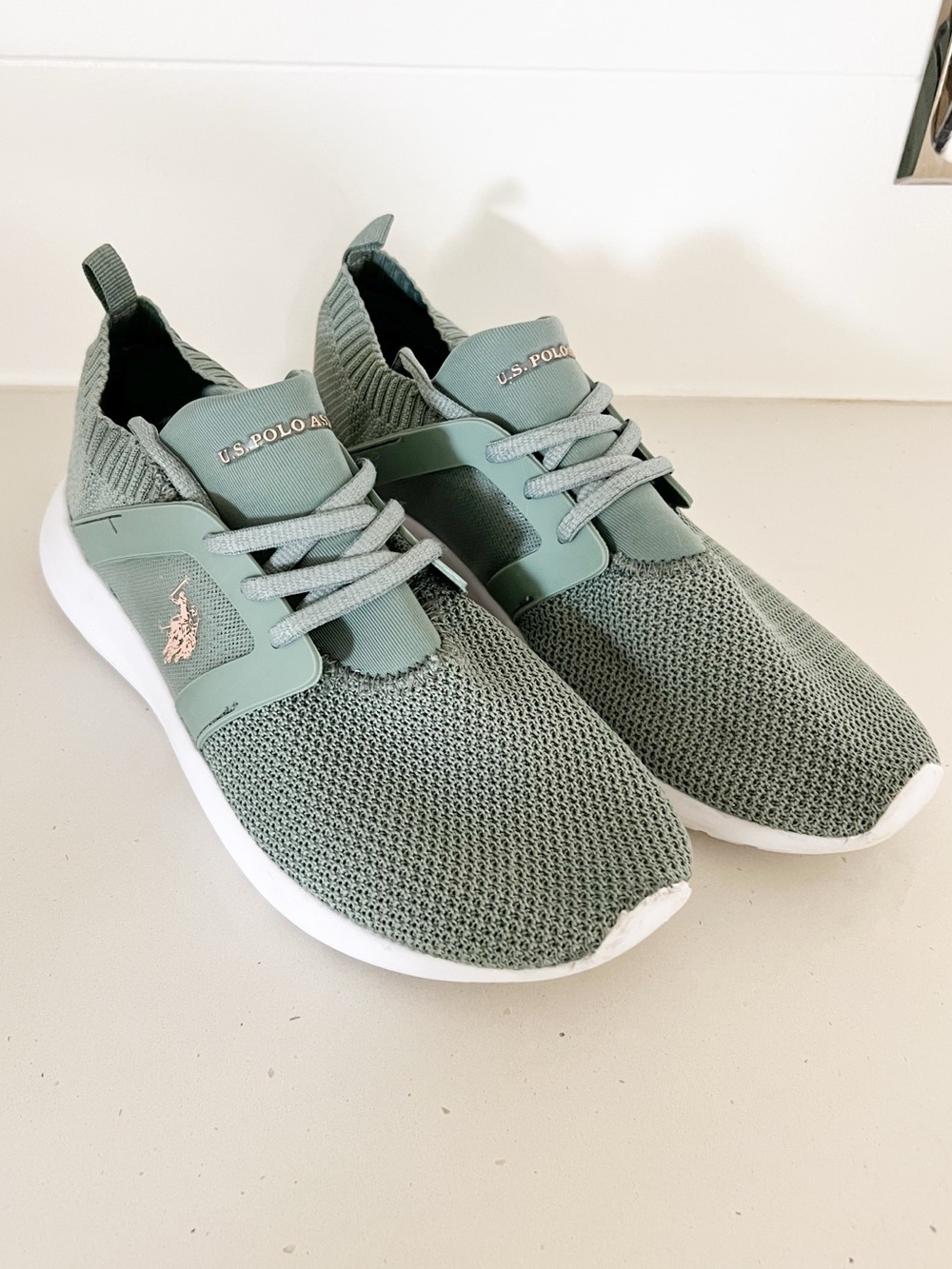 U.S. Polo Assn. Olive Gray Knit Slip-On Sneakers White Sole Women’s Size 10 - Picture 2 of 7